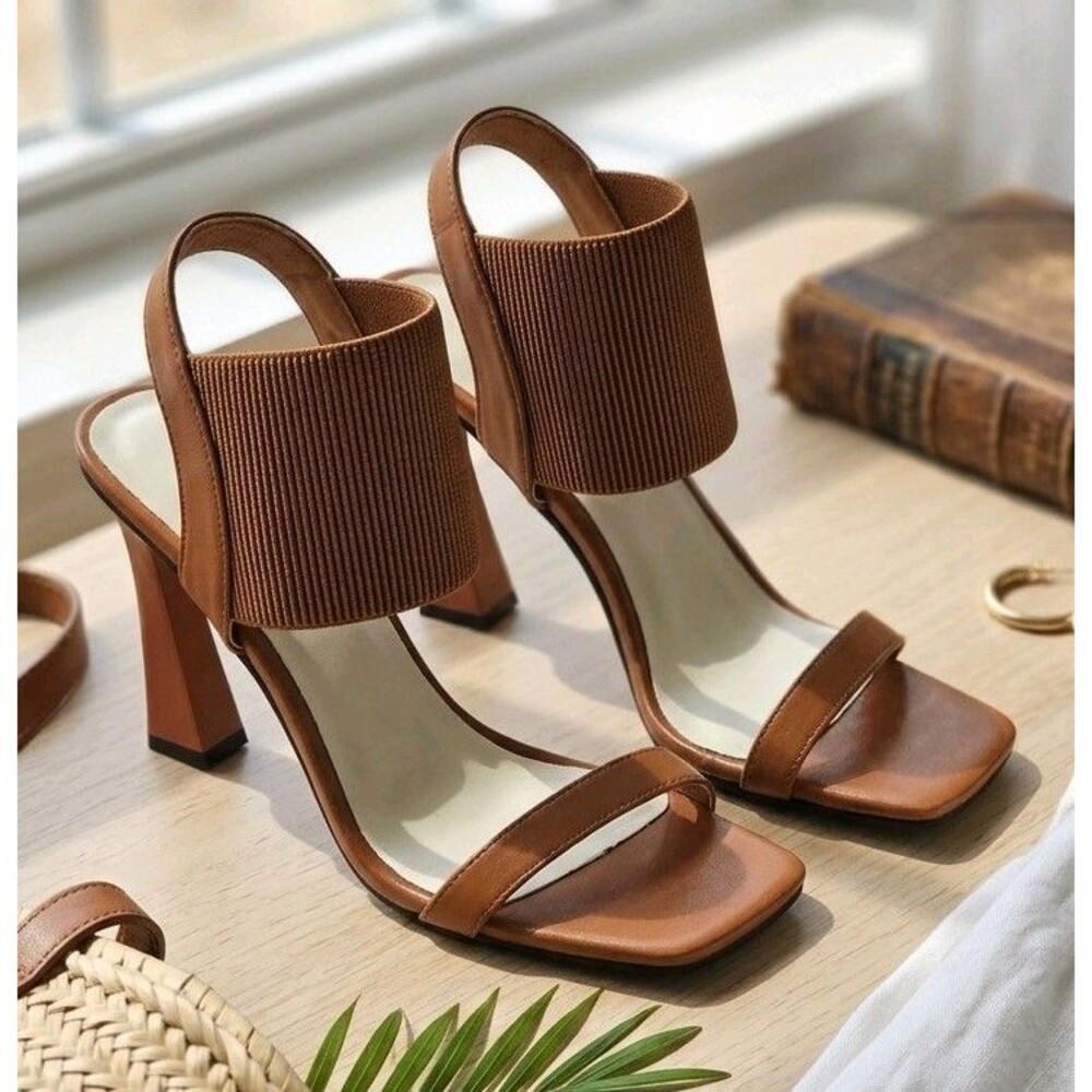 Tan Ribbed Elastic Strap Sandals Square Toe Flared Block Heel Camel Women’s 9.5